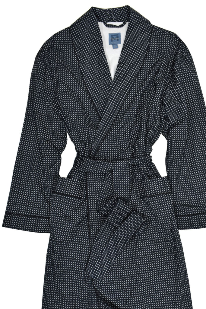 A moderate weight cotton robe, with soft terry lining, and a classic mini paisley pattern on a navy ground.  Classic belt closure and classic pockets.  Classic fit.  2 sizes: S/M or L/XL