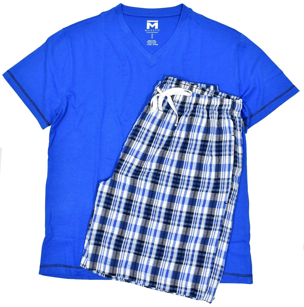 Your leisure lifestyle is enhanced with this coordinated set of a seersucker plaid short and pima cotton lux tee.  Color coordinated to work perfectly together and a great gift idea.  Available in Royal, as pictured, or Teal.  Cotton textured seersucker type short. Pima cotton lux tee with accent stitch detailing. Classic short pockets, stretch waist band and classic tie front. Classic fit.