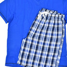 Your leisure lifestyle is enhanced with this coordinated set of a seersucker plaid short and pima cotton lux tee.  Color coordinated to work perfectly together and a great gift idea.  Available in Royal, as pictured, or Teal.  Cotton textured seersucker type short. Pima cotton lux tee with accent stitch detailing. Classic short pockets, stretch waist band and classic tie front. Classic fit.