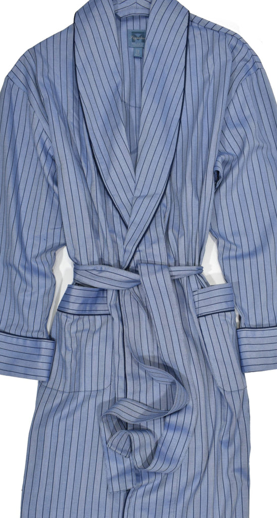 Soft, classic robe model featuring a half inch tonal stripe with the always rich herringbone pattern variated along the stripes.  Medium blue base color with navy edge piping on soft cotton fabric.  Classic belt closure.  Classic front pockets.  Classic fit.
