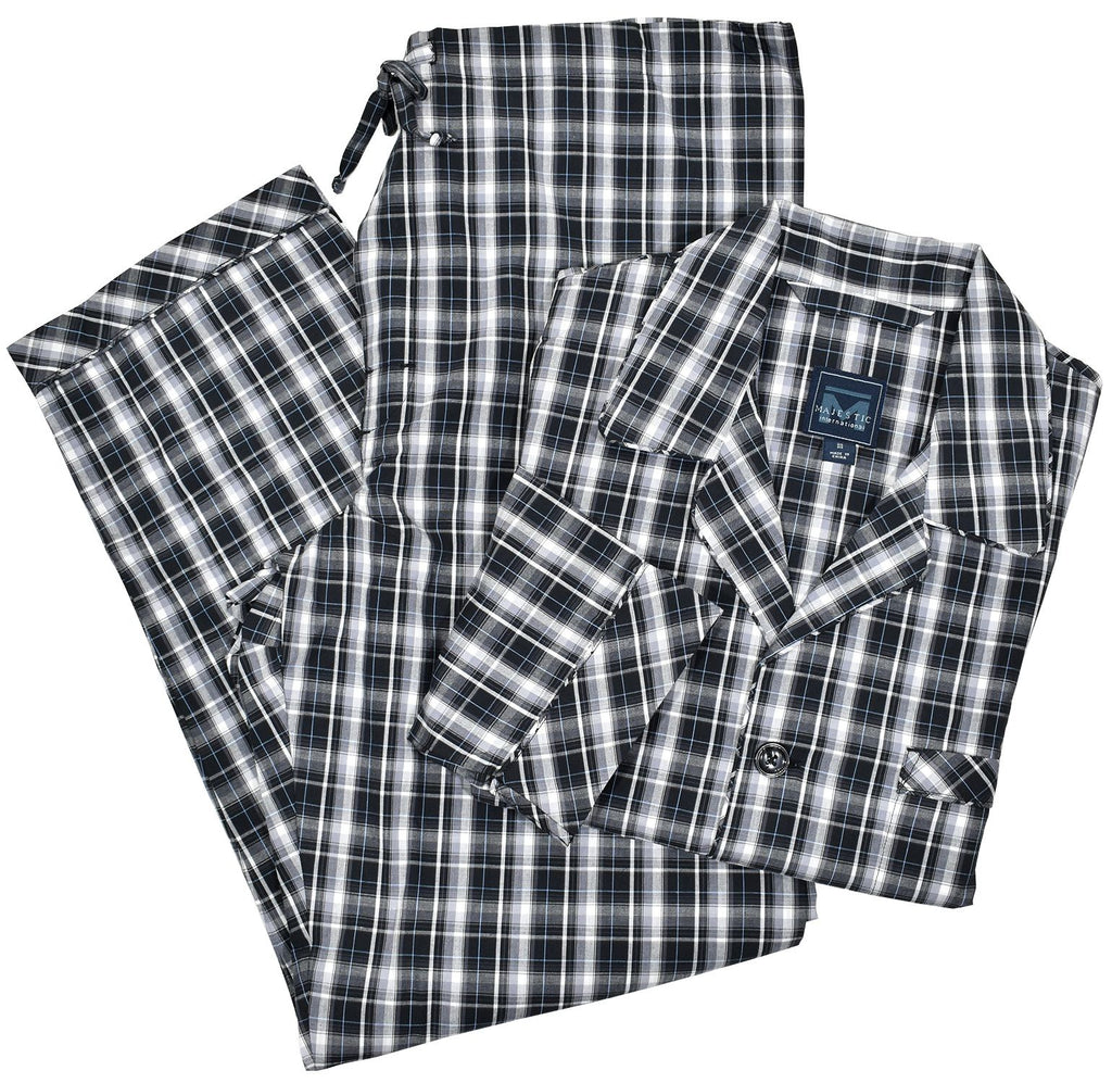 The black watch plaid pajama on soft cotton fabric is classic style perfect for any man. Black edge piping to finish the look.   Button front top with chest pocket.  Drawstring pant with stretch waist and button closure fly.  Classic fit.
