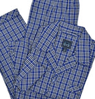 The elegant, navy window pane, plaid pajama on soft cotton fabric is classic style perfect for any man. Navy edge piping to finish the look.   Button front top with chest pocket.  Drawstring pant with stretch waist and button closure fly.  Classic fit.