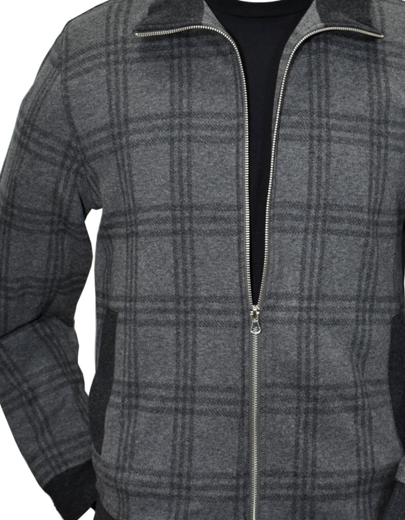Majestic fine leisure set with a cool charcoal window pane jacket that features a full zip into a mock or polo collar.  Black fabric edges add style and classic side slash pockets.  An excellent choice to enhance you casual yet fashion lifestyle.  Matched charcoal pant with black stretch waist band with classic pockets and zip fly.  Classic fit.