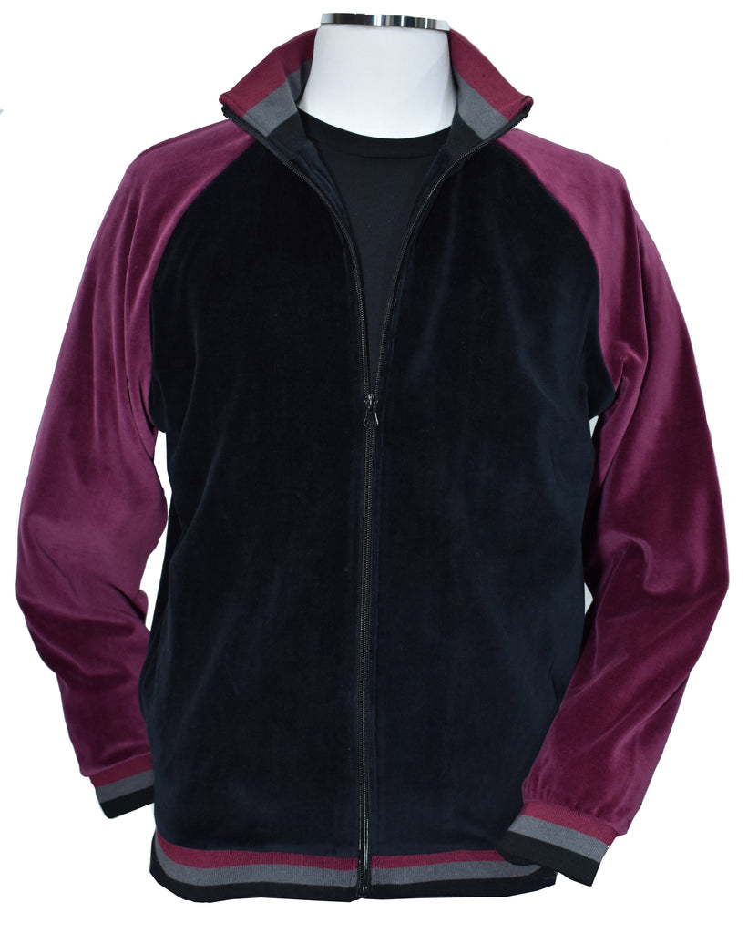 Fashion style in a velour microfiber fabric featuring a black top with wine accent color down the shoulders and sleeves, with a knitted collar, cuff and waist band matching the body colors.  Cool leisure set model with a dressy super soft feel.  The top features classic side slash pockets.  Classic draw string pant with stretch waist band, and regular pocket detailing.  Classic fit.