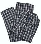 Classic cotton plaid pajamas with a button front coat top, edge piping and a chest pocket.   Pants feature a draw string waist, functional fly and slight waist band stretch.   Elegant and timeless black plaid coloration.  Classic fit.