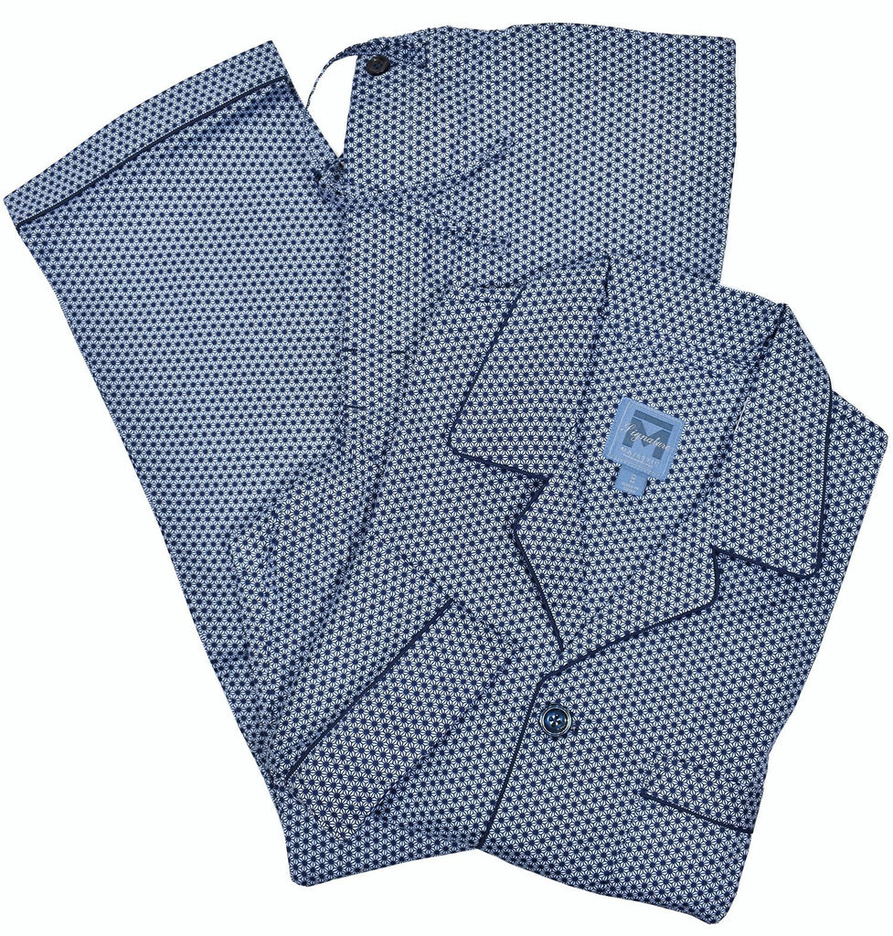 Classic soft cotton pajama in sky blue with a fine navy medallion pattern.   Style includes a button front top, classic chest pocket and edge piping.   Pants have a draw string waist, with stretch, and button fly.   Classic fit.