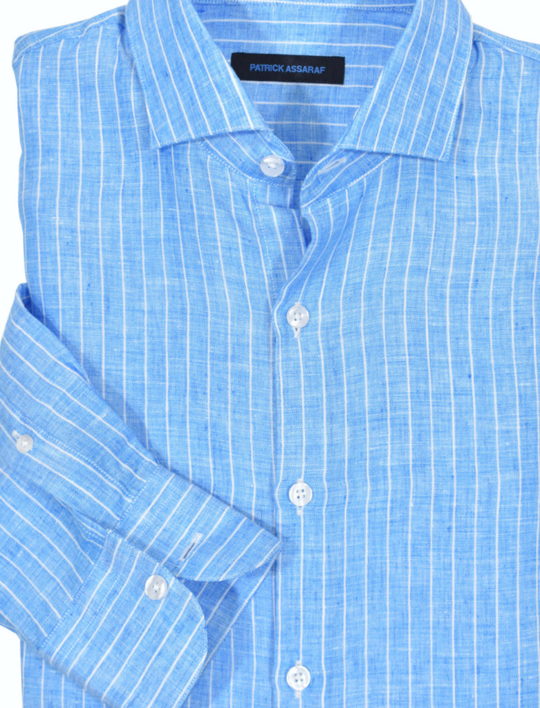Enzyme washed, Italian designed, soft and light weight linen fabric with a classic fine stripe. Create a sophisticated image with these shirts and a lightweight casual pant.  Soft washed and a medium spread collar that has light fusing for a softer casual effect.  Classic shaped fit.   Colors: Blue, Coral