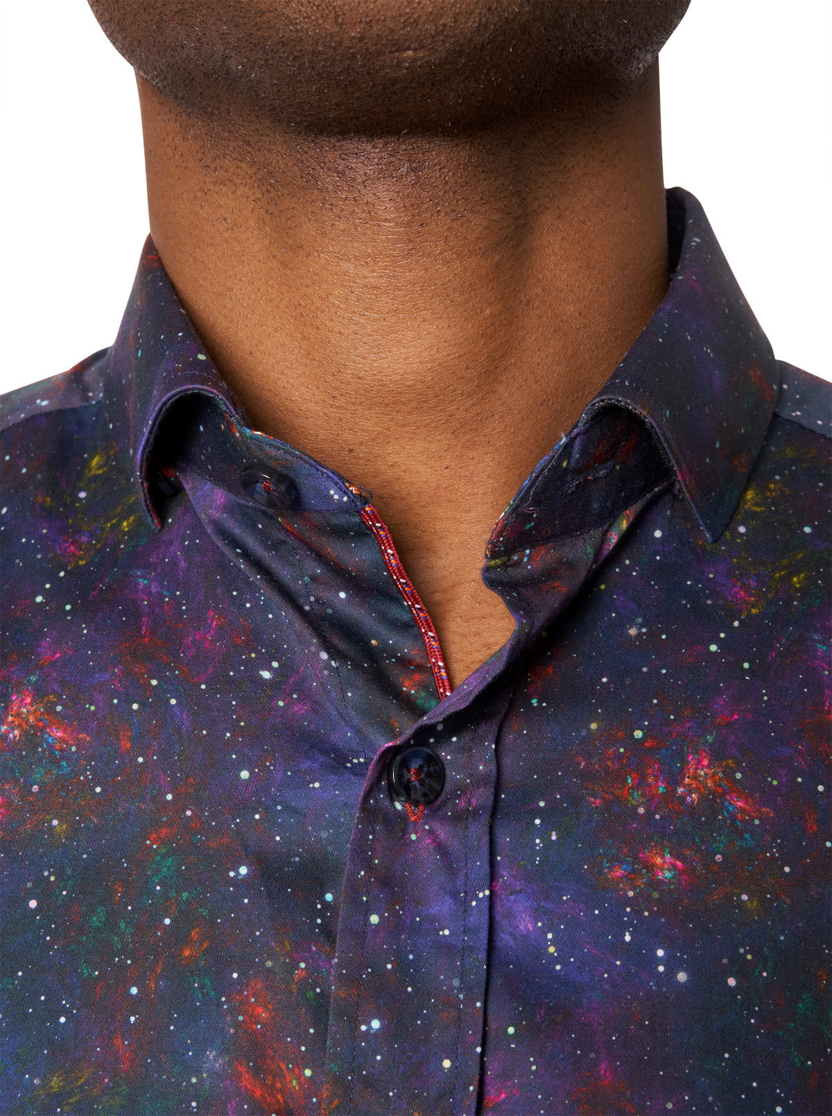 In true Robert Graham fashion, the celestial motif shirt in black with an aura of colors is certainly unique. Whether you pair this shirt with any color jeans or a pant, the style is fashion forward and sure to get compliments.  Soft cotton fabric.  Tailored fit, is best for a medium build.