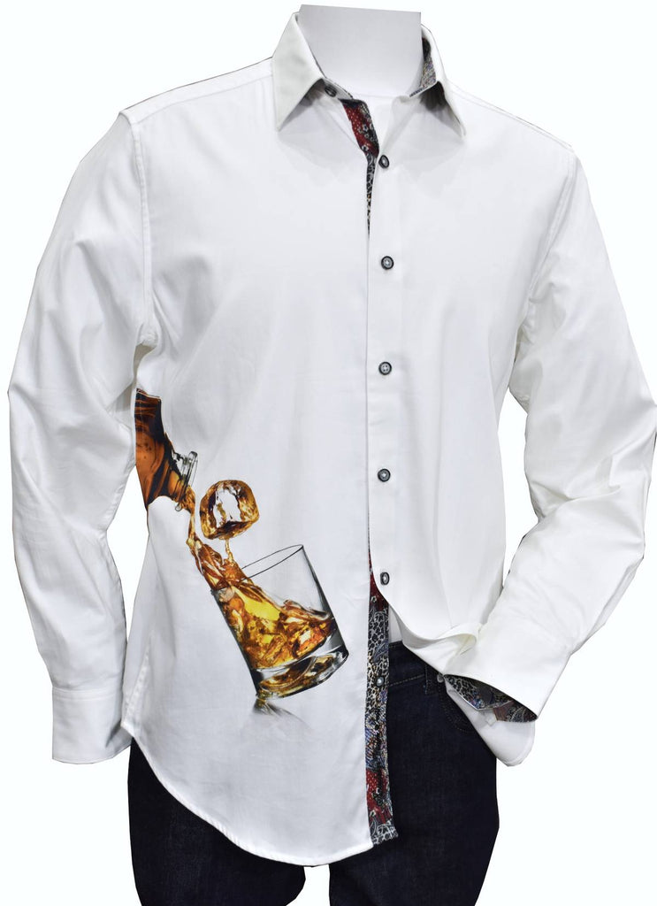 True Robert Graham style to create a unique shirt depicting a cocktail pour.  Soft cotton fabric, with a touch of lycra stretch, finely printed pattern and Graham unique detailing. Trim fabric inside the collar, down the placket and under the cuffs.  Classic fit.