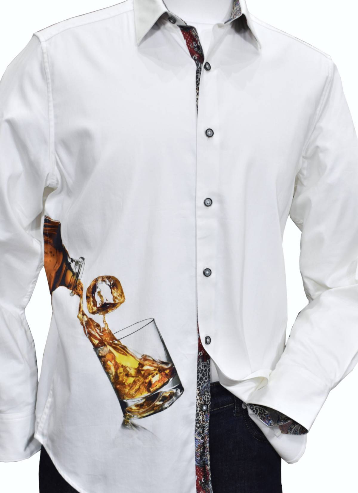 True Robert Graham style to create a unique shirt depicting a cocktail pour.  Soft cotton fabric, with a touch of lycra stretch, finely printed pattern and Graham unique detailing. Trim fabric inside the collar, down the placket and under the cuffs.  Classic fit.