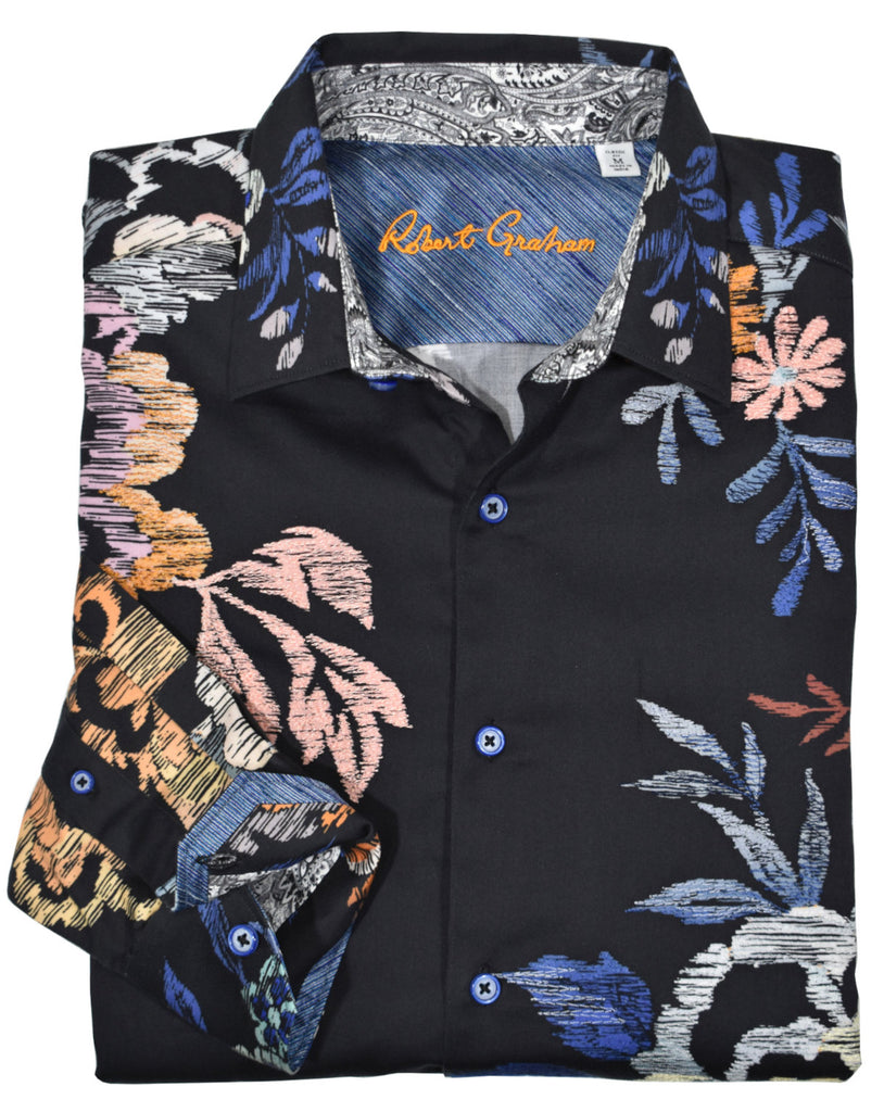 Unique and cool is an understatement. In true Robert Graham fashion, this black cotton sateen shirt boasts a colorful floral pattern that is soft embroidered allover. The workmanship of fine embroidery is outstanding.