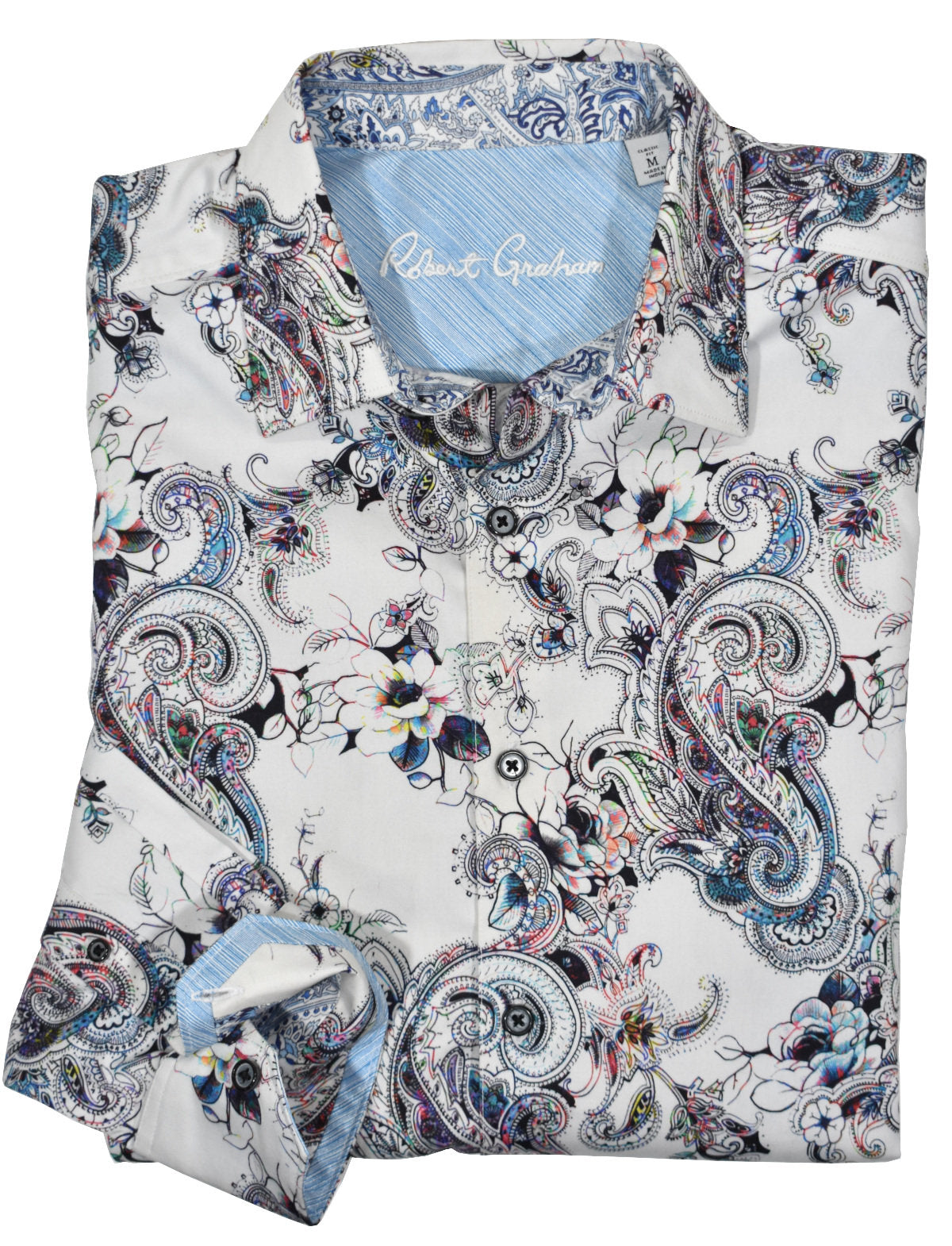 Robert Graham ornate paisleys on soft cotton sateen with stretch for comfort and unique Graham detailing.   The warm colors with a touch of teal creates a fashion look that is not too bold.