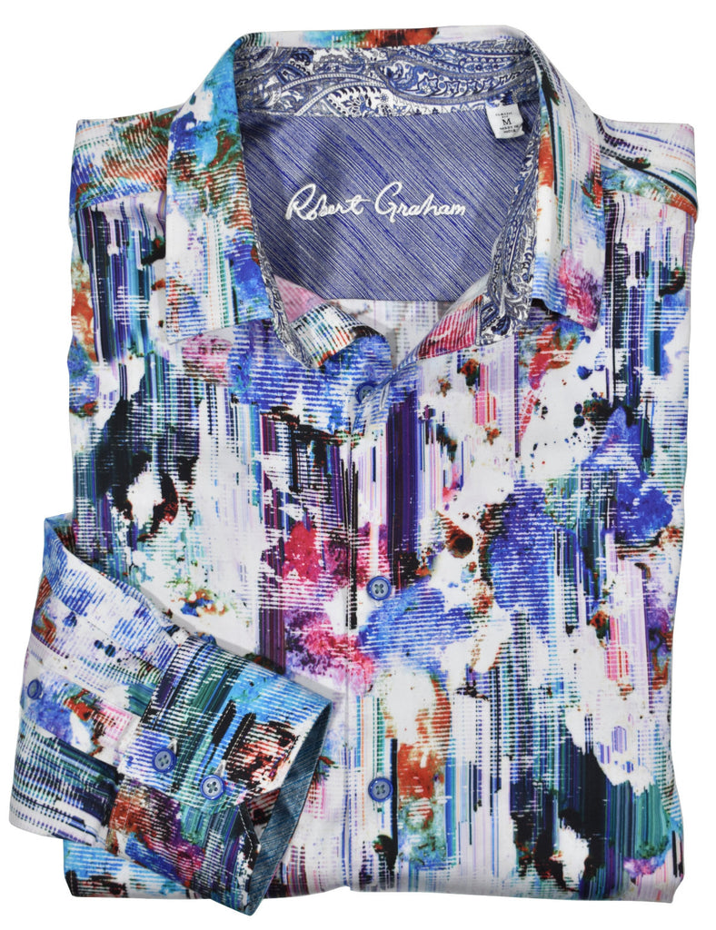Robert Graham abstract print on soft cotton sateen stretch fabric feels and looks great.  The array of colors and a vertical brush stroke effect, along with typical Graham style, makes this shirt unique. 