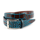 Soft Italian calf leather in chocolate with a staining technique to add teal blue accents.   An outstanding look with any cool jeans.   Classic silver buckle.  35mm or 1 7/16"  Assembled in the USA.