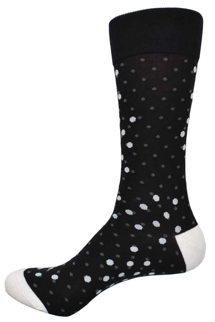 A black sock goes with just about every pant. Add in a unique pattern of floating grey and white circles to create a cool look.  Mercerized cotton and lycra holds its shape and feels great on.  Fits sizes 9-11.