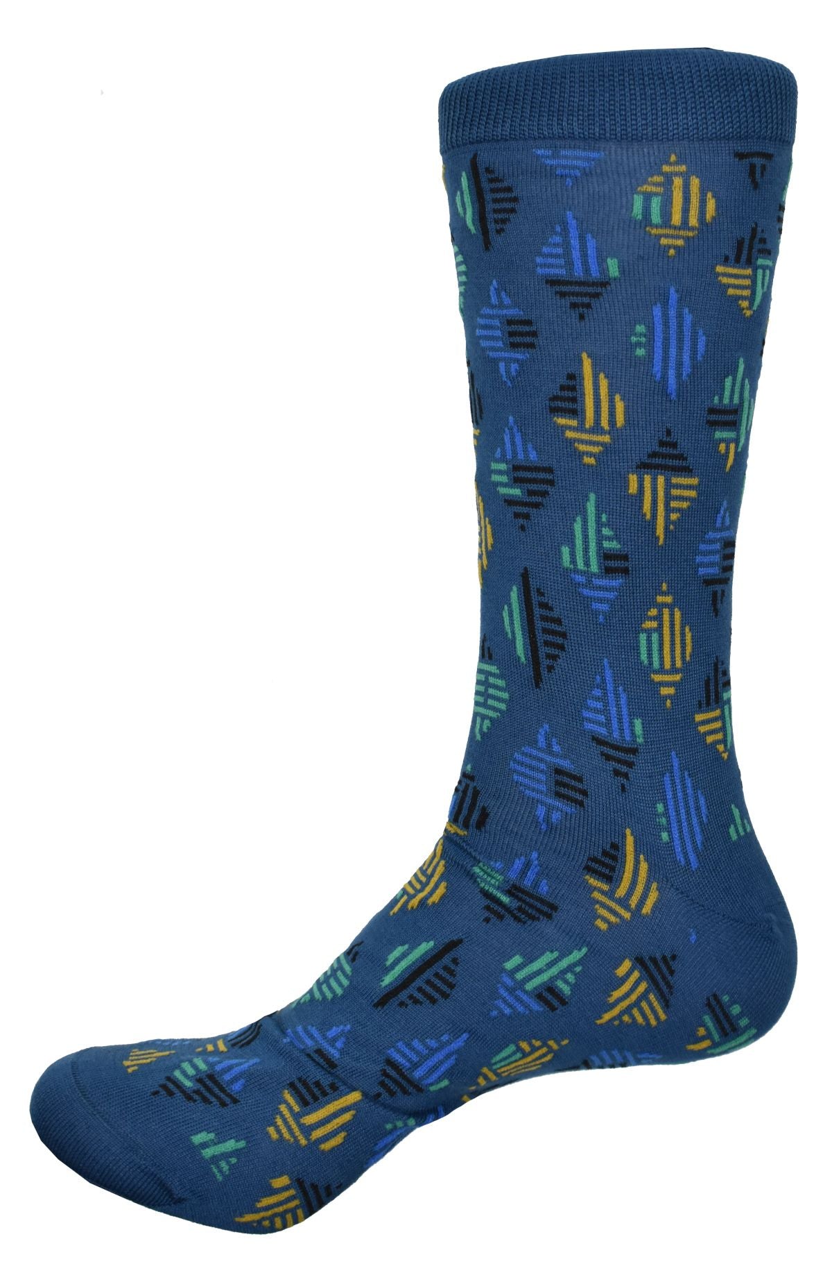Indigo blue sock with floating geometric diamonds utilizing blue, gold, mint and black colors.  Mercerized cotton and lycra to hold its shape and feel great on.  Fits sizes 9-11.