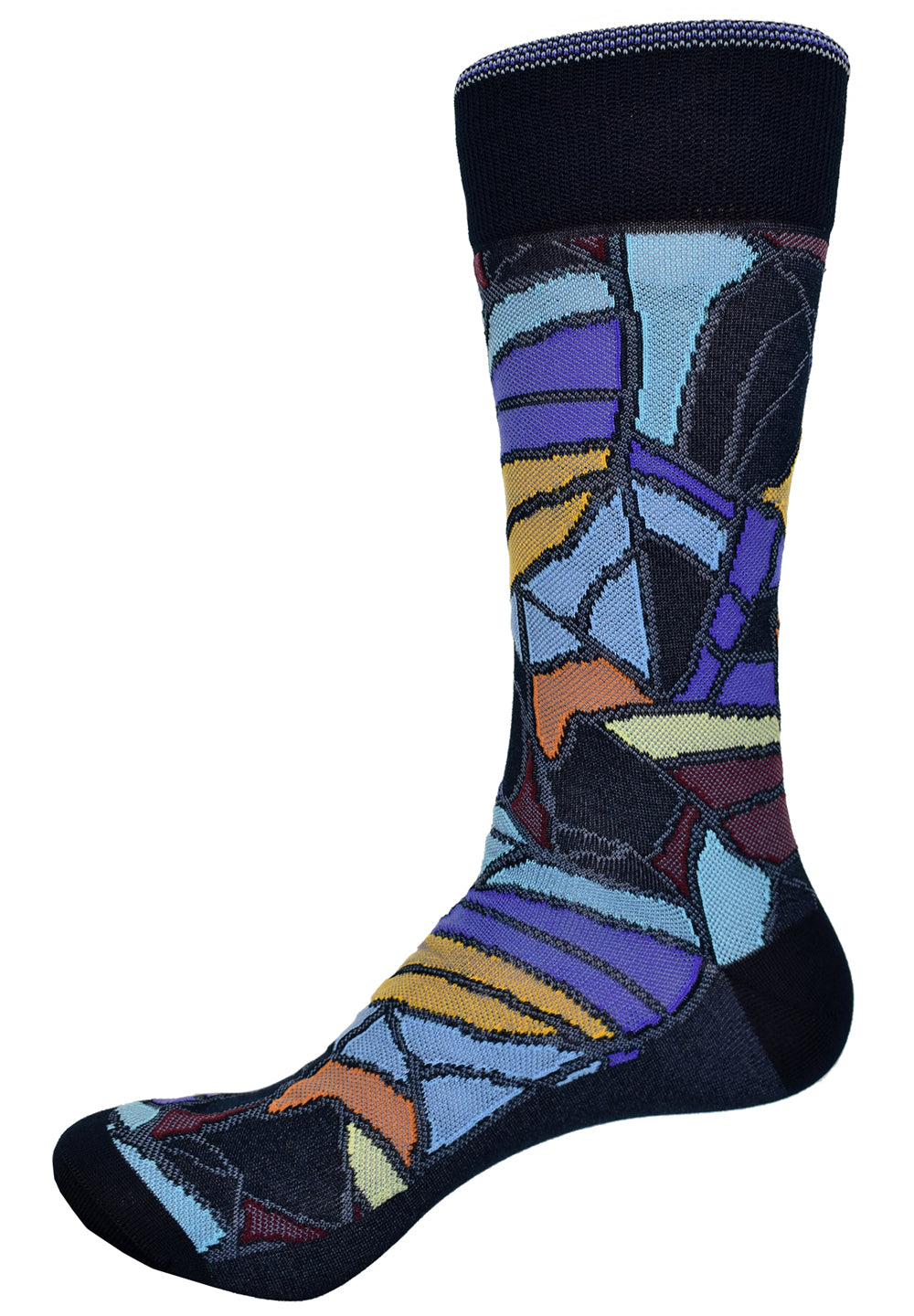 Set your image apart and make a statement with these fantastic socks.  Fine mercerized cotton with nylon blend for lightweight comfort.  Stained Glass Mosaic Socks - Red or Navy  Truly unique fashion in rich colors. Soft mercerized cotton with nylon blend for comfort. One size, fits 9-12.