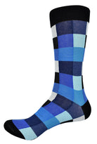 Contemporary fashion in a blue tone color block men's sock. Mercerized cotton for comfort. Sizes 8-12.  Truly unique fashion in rich indigo blue block pattern. Soft mercerized cotton with nylon blend for comfort. One size, mid calf.