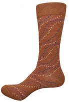 Warm cognac color base with a unique dotted swirl pattern in ivory, plum royal and red.   Mercerized cotton and lycra to hold its shape.  Fits sizes 9-12.