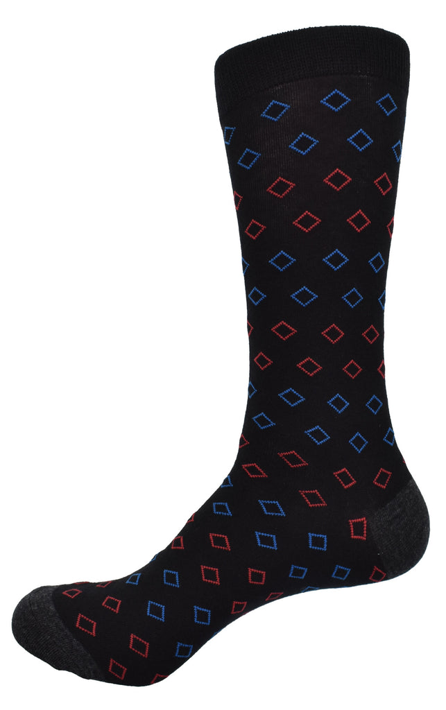 Mercerized cotton sock with a little spandex for comfort and to hold its shape.  Floating open diamond pattern in royal blue and red.  Mid calf, fits average sizes 8 to 12.