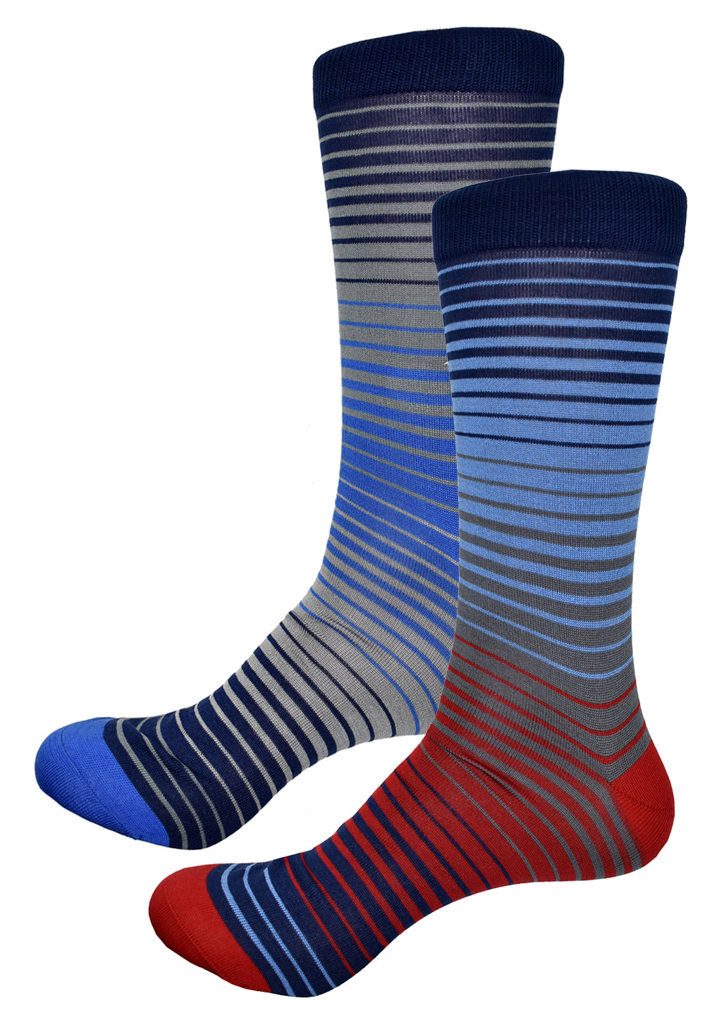 Classic pattern sock with a variated stripe pattern, a truly unique fashion. Cotton with nylon blend for comfort.  Fine Multi Stripe - Red or Blue  Truly unique fashion in mixed rich colors. Soft mercerized cotton with nylon blend for comfort. One size, fits 10-13.