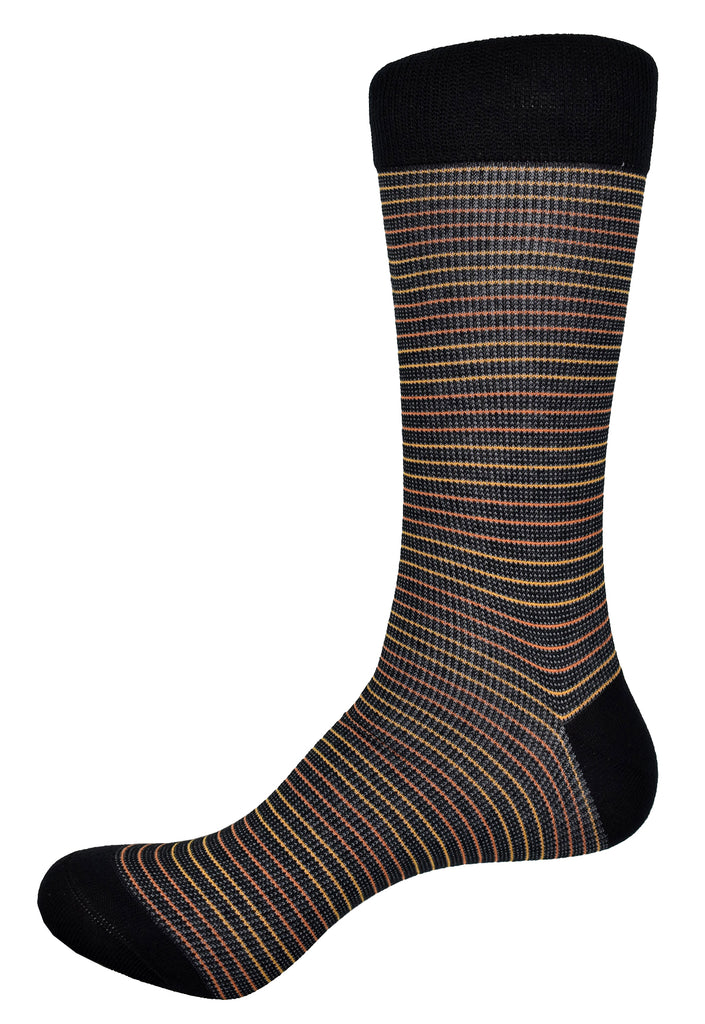 Rich and elegant fine stripe in a coral and rust colors for unique fashion.  Soft mercerized cotton. Classic timeless pattern. Mid calf height. Fits sizes 9 - 12. Sock by Marcello Sport