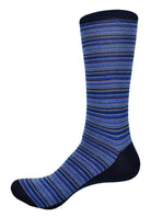 Timeless array of fine blue toned stripes works perfectly with jeans or pants.  Soft mercerized cotton. Classic timeless pattern. Mid calf height. Fits sizes 9 - 12.  Sock by Marcello Sport