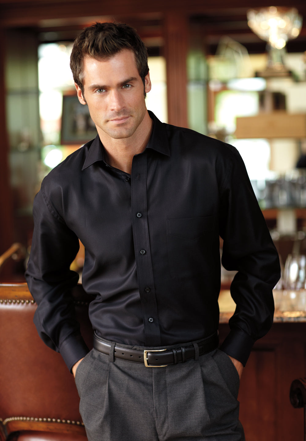 dress shirt mens clothing Mens Long Sleeve soft hand feel thatll keep you looking sharp and feeling great Dark Navy Checked Dress Shirt