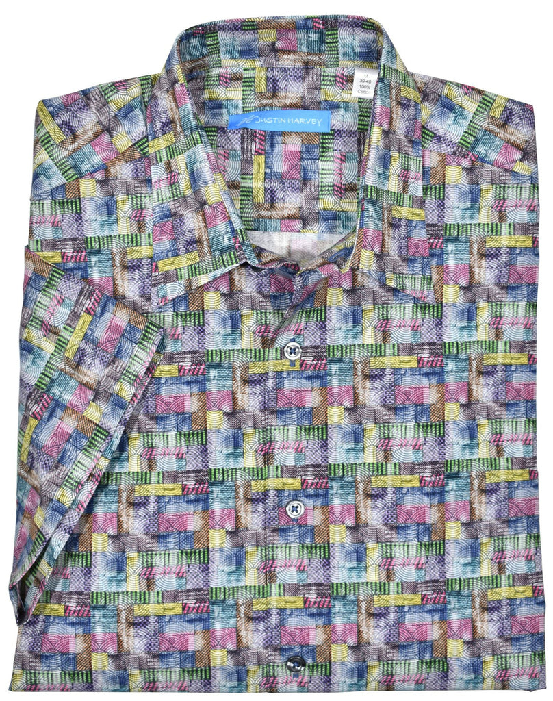 Relax in this tropical pattern! Pattern matched pocket, square bottom, short sleeve, exclusive cotton and classic full cut fit.  Justin Harvey Fractured Print  100% extra soft cotton. Perfectly matched left chest pocket. Soft coloration. Perfectly matched custom buttons. Square bottom with side slits.