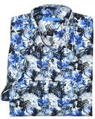Relax in this tropical pattern! Pattern matched pocket, square bottom, short sleeve, exclusive cotton and classic full cut fit.  Justin Harvey Indigo Palm  100% extra soft cotton. Perfectly matched left chest pocket. Soft coloration. Perfectly matched custom buttons. Square bottom with side slits.