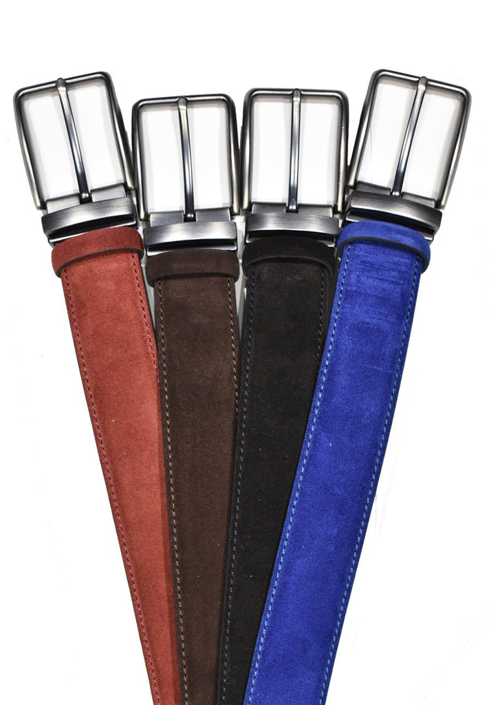 Four colors of fine leather suede by Marcello Sport. Perfect for any occasion, this suede belt is soft and updated. Excellent with your favorite jeans or pants. Brushed nickel buckle.  Standard pant width. Style and image that is timeless. Satin Nickel Finished Buckle. Premium soft suede. Sizes 30 - 44.