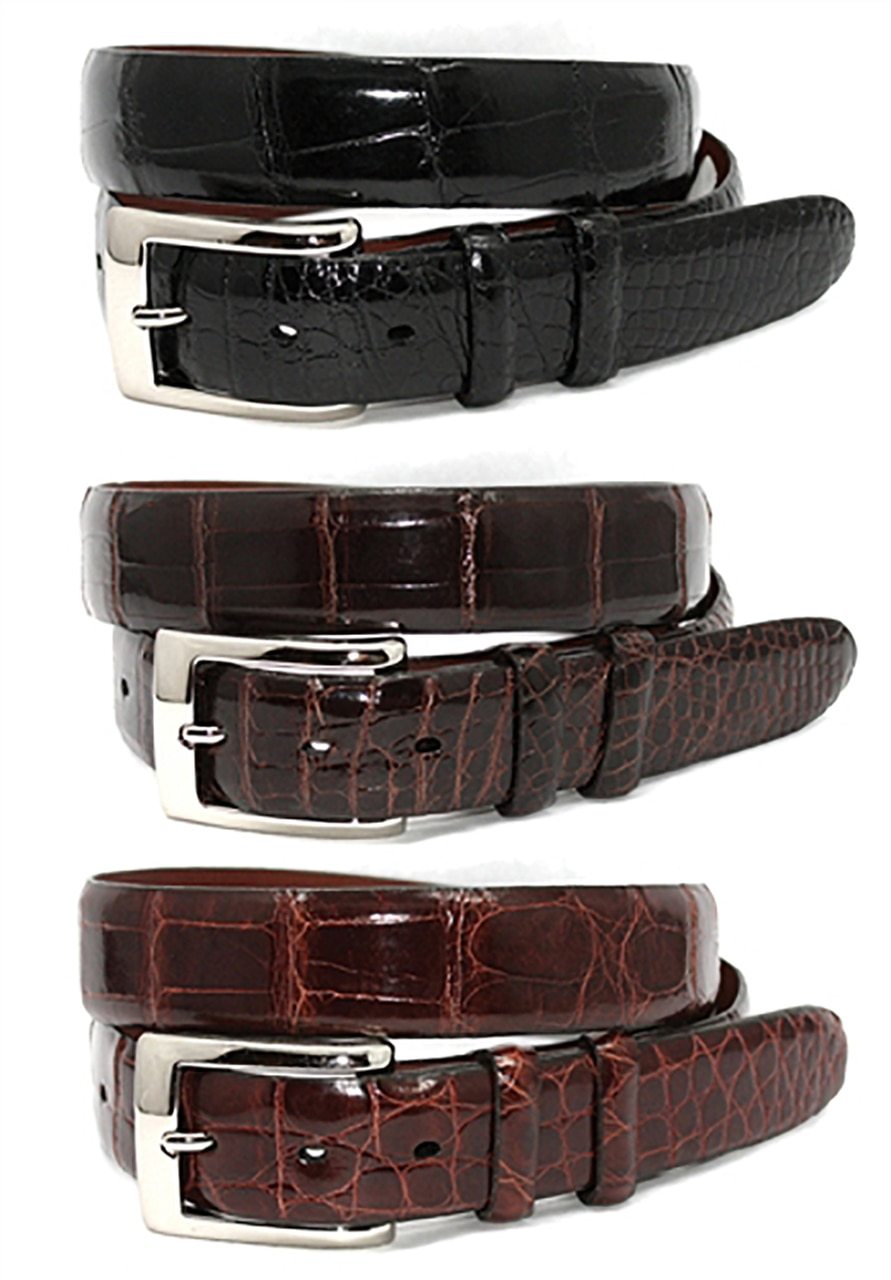Genuine glazed American alligator lined with glove leather, polished nickel on brass buckle. Buckle end has snaps for buckle removal. 30mm wide, made in the USA.  Torino American Alligator Belt  Width: 30mm (approx. 1 3/16"). Satin Nickel Finished Buckle. Made in USA Sizes 32-46.- Marcello Sport, Made in USA.