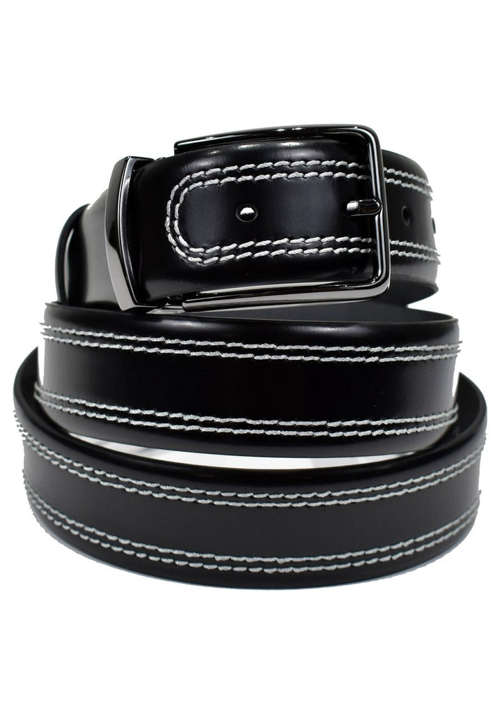Premium leather belt with contrast white stitching for an updated sophisticated look that is very cool with jeans or pants.  By Marcello Sport.  Standard width. Cool and contemporary styling. Satin nickel finished buckle. Premium leather. Sizes 32 - 44.
