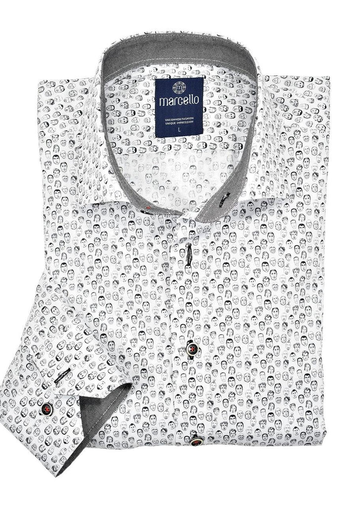 Allover pattern of little faces in incredible detail. Perfect to strike up a conversation at any event. Medium collar, custom detailing, classic fit.
