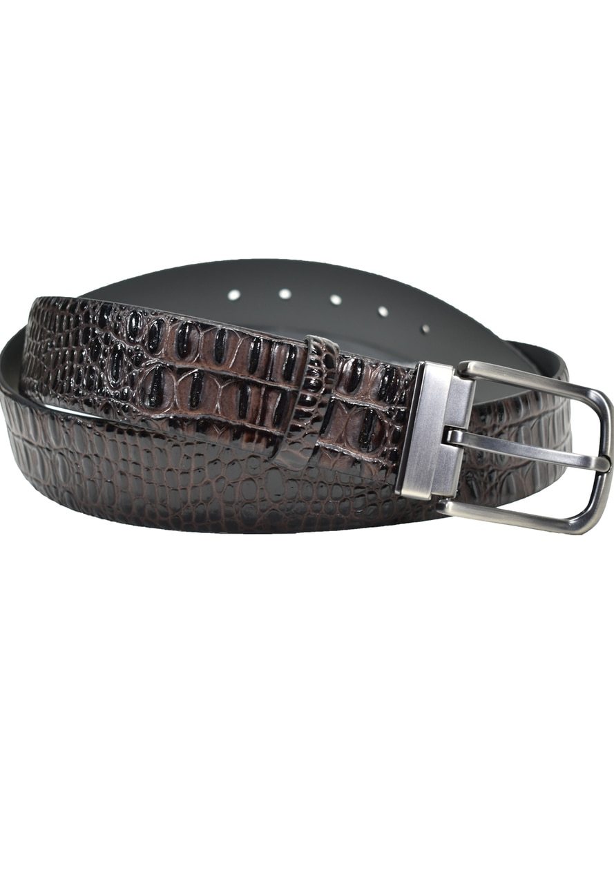 Outstanding horn back crocodile, stamped leather. An excellent choice for jeans, casual pants or even when dressed but need a little attitude. Fashion horn back crocodile, stamped leather men's belt with brushed nickel buckle by Marcello Sport.  Width: 40 mm or approximately 1 1/2 inches, sizes 30-44. Raised horn back style croc with excellent coloration. Satin nickel finished buckle. Premium leather. Sizes 30 - 44.