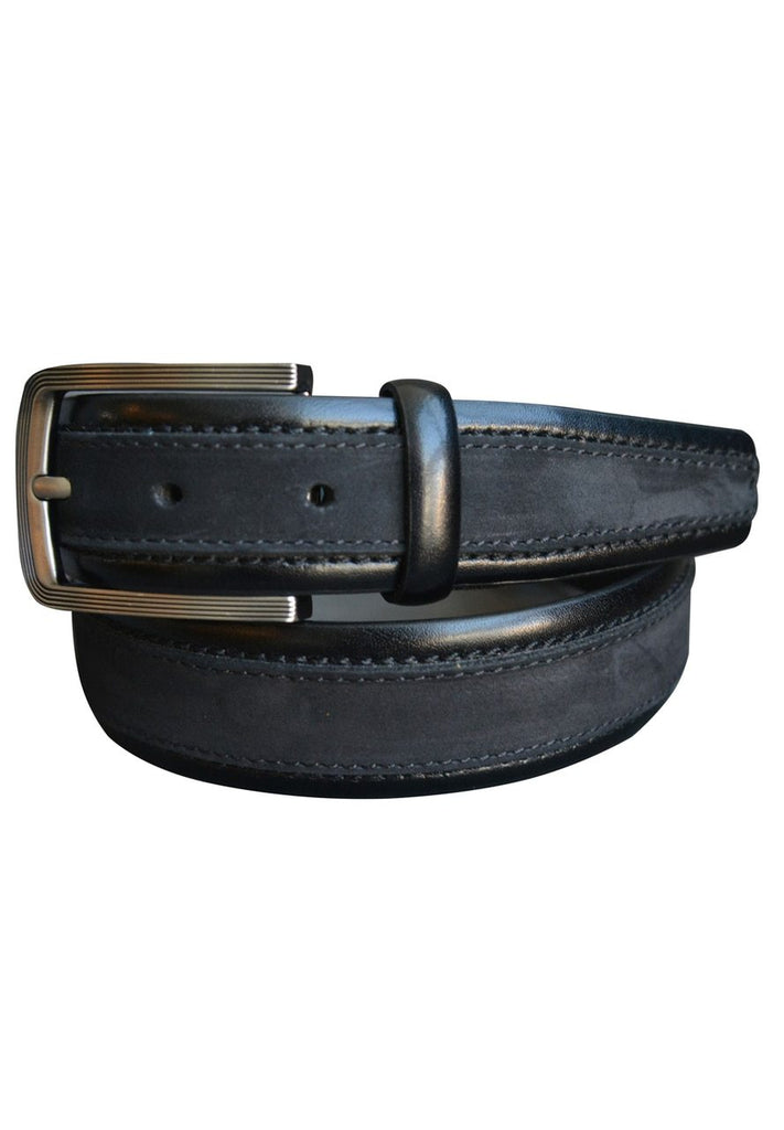 ich suede inlay over classic leather with pic stitching detailing. Color is Black.  Bond Suede Inset Belt designed by Marcello Sport.  Standard width. Cool and contemporary styling. Satin nickel finished buckle. Premium leather and suede combination. Sizes 30-44.