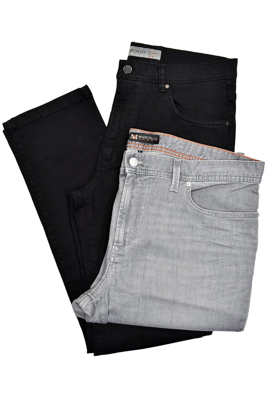 Marcello’s best fitting lightweight washed denim. Feels and looks great! Our comfort fit from the waist band down to the thighs, then tapering the leg to the bottom provides the best of both worlds.  Comfort where you need it and updated fashion sporting a slimmed leg.  Add the benefit of stretch to work with your natural movements and you have found an excellent jean that will become your go to jean of choice.  Marcello Sport Mens Grey Denim Jeans
