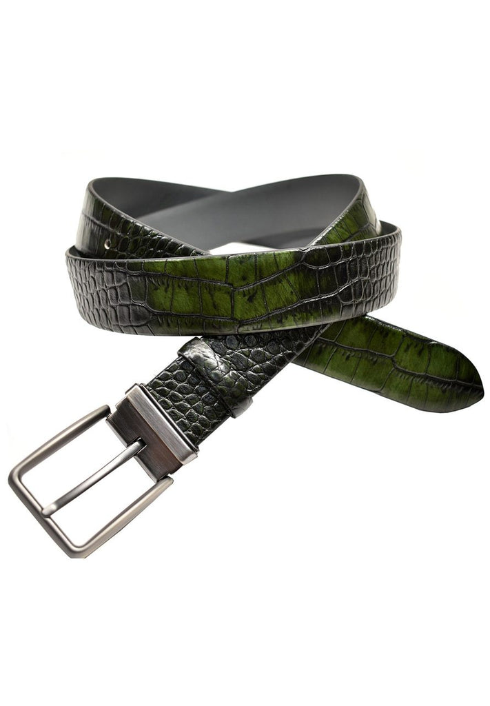 This stamped, multi color crocodile skin belt is a must for your wardrobe. Lined with glove leather, contemporary styling and rich colors. Imported by Marcello Sport.  Stamped crocodile skin pattern on Italian leather. Satin Nickel Finished Buckle. Imported. Sizes 30-44.