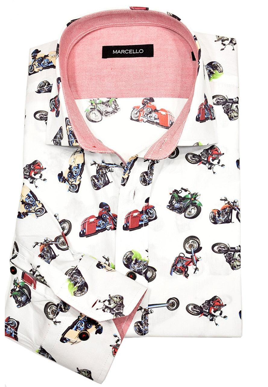 It’s all about riding in the wind with this motorcycle, conversational shirt. Medium spread collar, soft cotton fabric and modern fit.  Wear this shirt for dress or wear with jeans, it is perfect. Soft cotton satin fabric. Medium Spread collar. Custom Buttons.