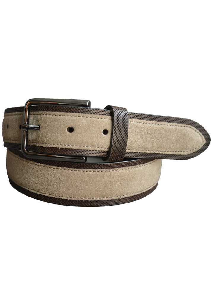 Nice combination of beige suede over chocolate finely perforated leather. Classic, yet updated fashion styling.  Perforated Leather and Suede  Updated traditional style combining leather and suede. Width: 40mm (approx. 1.57"). Cool and contemporary styling. Satin Nickel Finished Buckle. Premium leather.