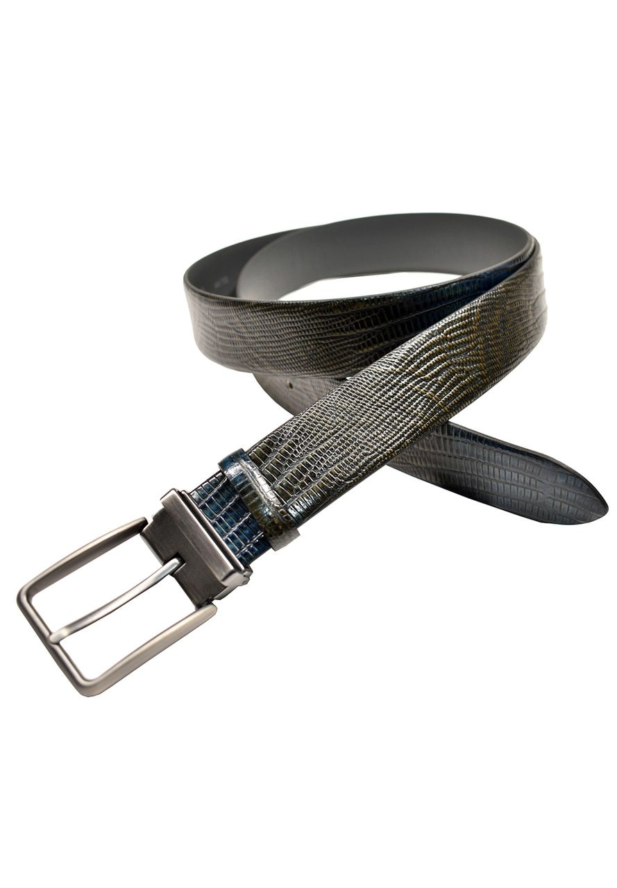 Marcello Sport finely stamped leather belt in a classic lizard pattern.  Stamped lizard skin pattern. Satin Nickel Finished Buckle. Premium leather. Sizes 30 - 44.