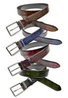 This stamped, multi color crocodile skin belt is a must for your wardrobe. Lined with glove leather, contemporary styling and rich colors. Imported by Marcello Sport.  Stamped crocodile skin pattern on Italian leather. Satin Nickel Finished Buckle. Imported. Sizes 30-44.
