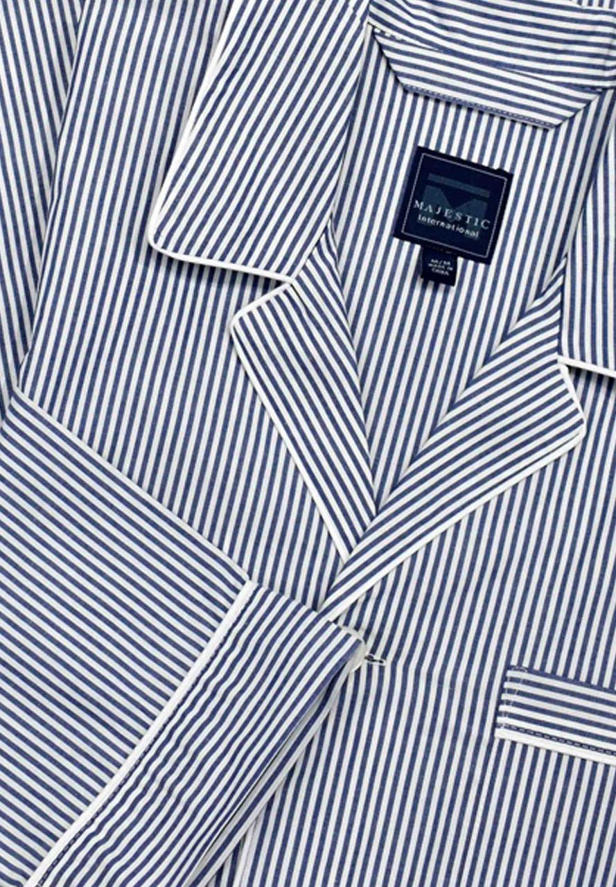 Classic navy blue stripe on soft cotton fabric. Long sleeve top with a chest pocket, draw string pant with open leg. Classic fit.  Croix Comfort Pajamas  100% cotton machine washable. Accent white edge piping. Classic style is always easy and in fashion. Draw string pant for a relaxed feel. Shirt top with classic chest pocket.