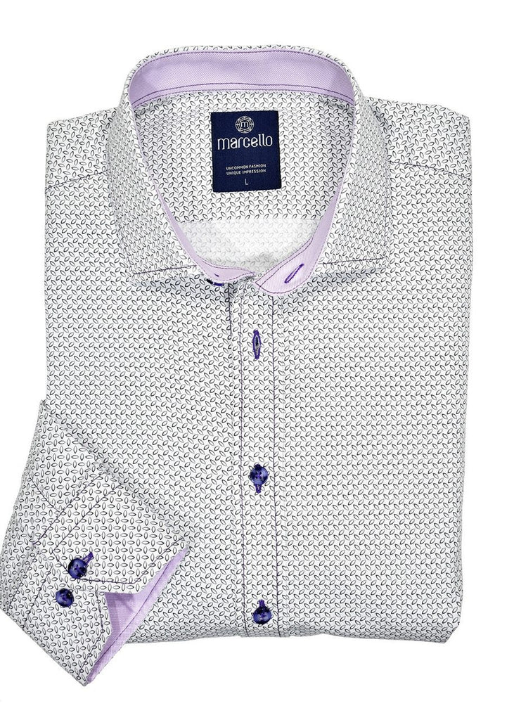 Traditional neat pattern in a sophisticated plum teardrop print, updated with allover plum stitching. Medium spread collar, soft cotton, classic fit.  Uniquely designed traditional pattern with updated details. Classic matched trim fabric and custom buttons. 100% cotton with linen like texture. Adjustable cuffs and medium spread collar. Made in Turkey.