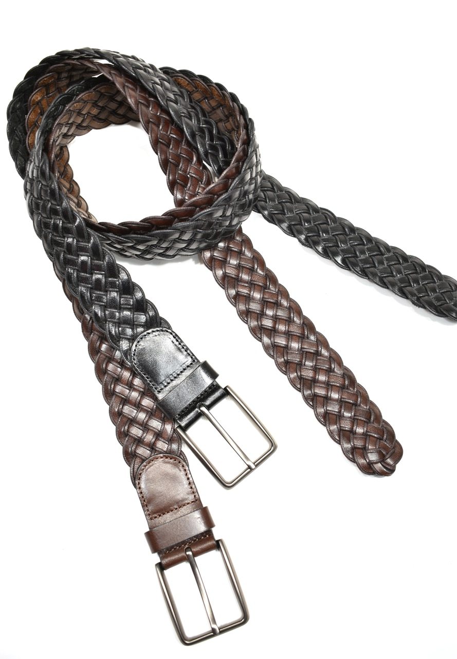 Classic leather braid men's belt in brown or black. Great with pants or jeans. Imported. Width: 35mm (approx. 1.38").  Leather Braid Men's Belt  Width: 35mm (approx. 1.38"). Classic braided Italian leather. Satin Nickel Finished Buckle. Imported. Select sizes.