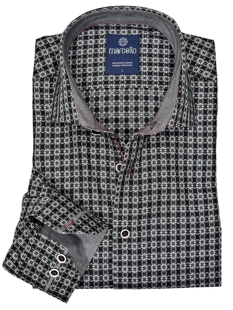 Unica Milano Bricket  Medium check pattern is enhanced with a neat inset pattern. Striking black background with multi color dot pattern. Medium spread collar and custom matched buttons. Classic Shaped fit.