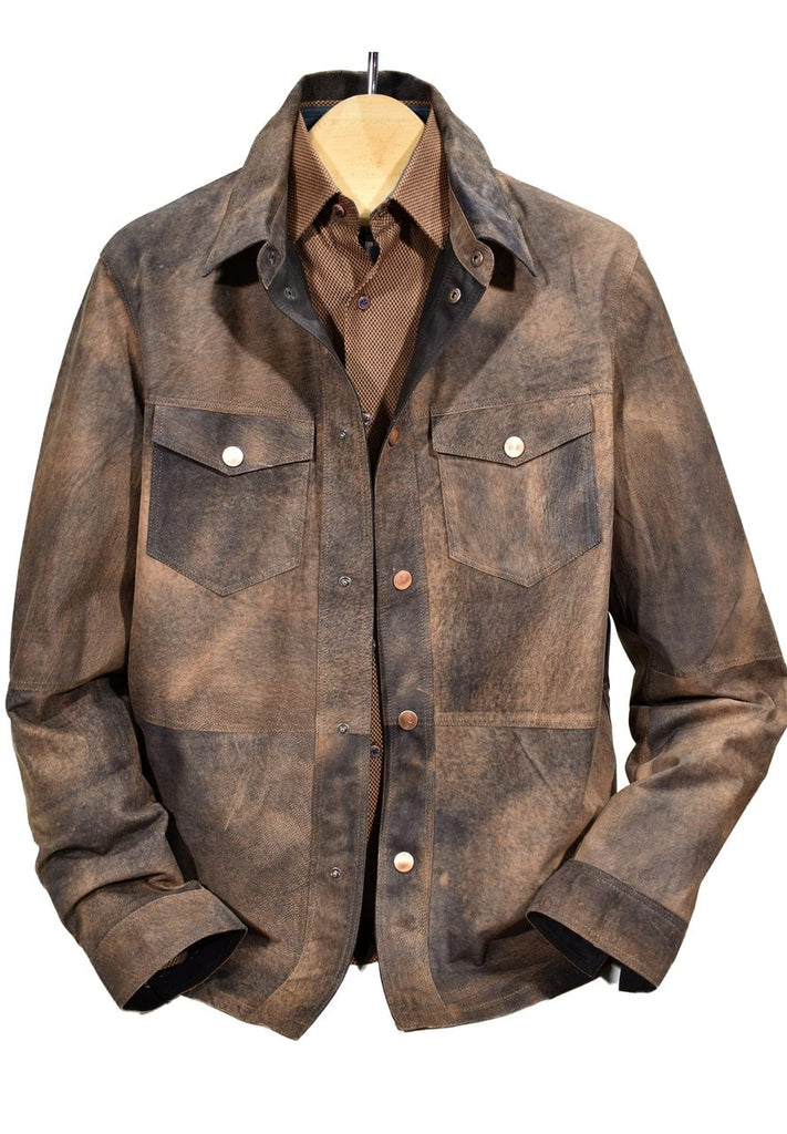A Marcello Sport exclusive, this shirt weight leather features distressed detailing, fashion copper snaps with a shirt collar. A superb cool look perfect to compliment any outfit. Classic straight fit, thigh length, snap cuffs.