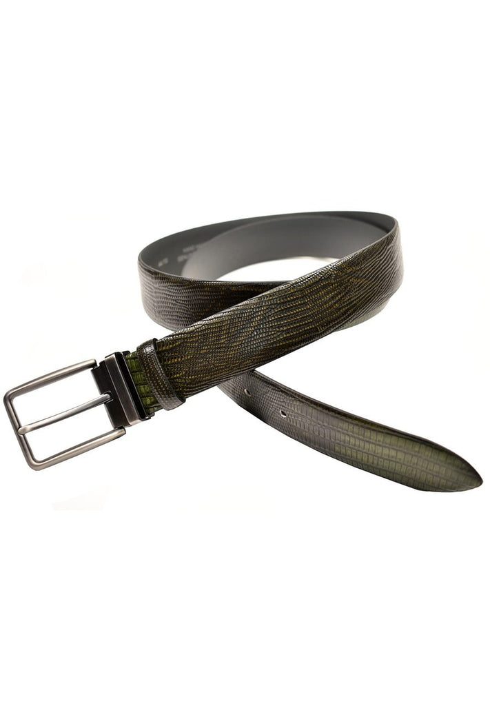 Marcello Sport finely stamped leather belt in a classic lizard pattern.  Stamped lizard skin pattern. Satin Nickel Finished Buckle. Premium leather. Sizes 30 - 44.