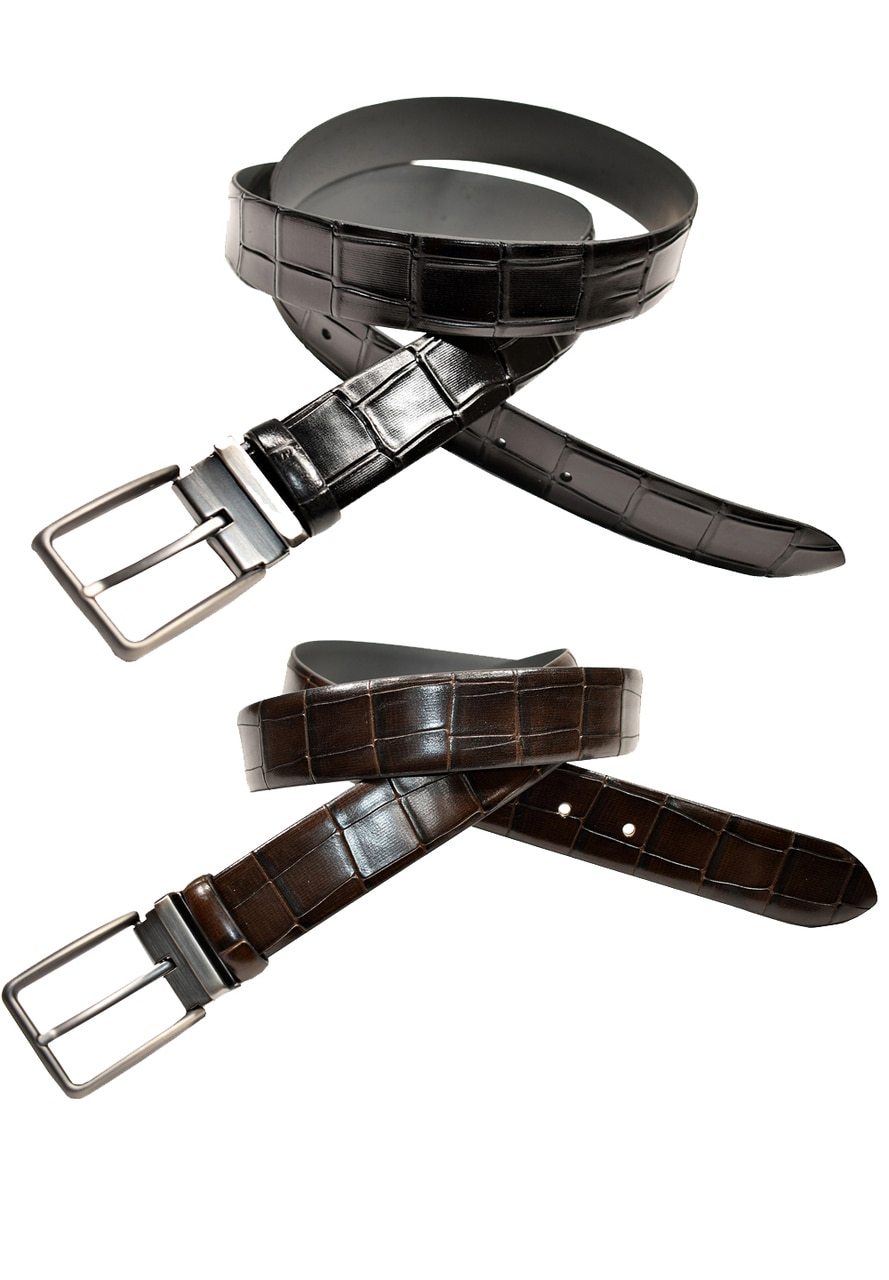 Pants or jeans are perfect for this crocodile stamped belt on glove leather. Soft glazed, polished buckle. Colors: Black, Chocolate  Men's Embossed Crocodile Belt by Marcello Sport.  Italian leather stamped and shaded. Satin nickel finished buckle. Imported. Sizes 30 - 44.