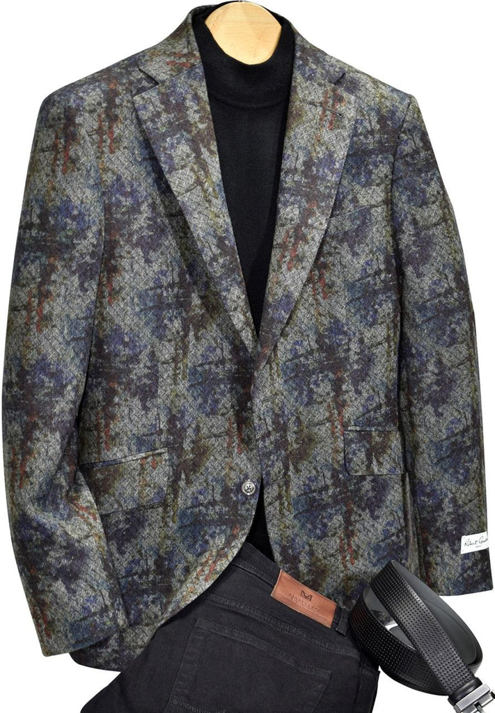 Graham abstract sport coat with denim and black tones to match perfectly with jeans or slacks. Shown with a Gionfriddo solid mock for an updated fashion look. Contemporary fit.